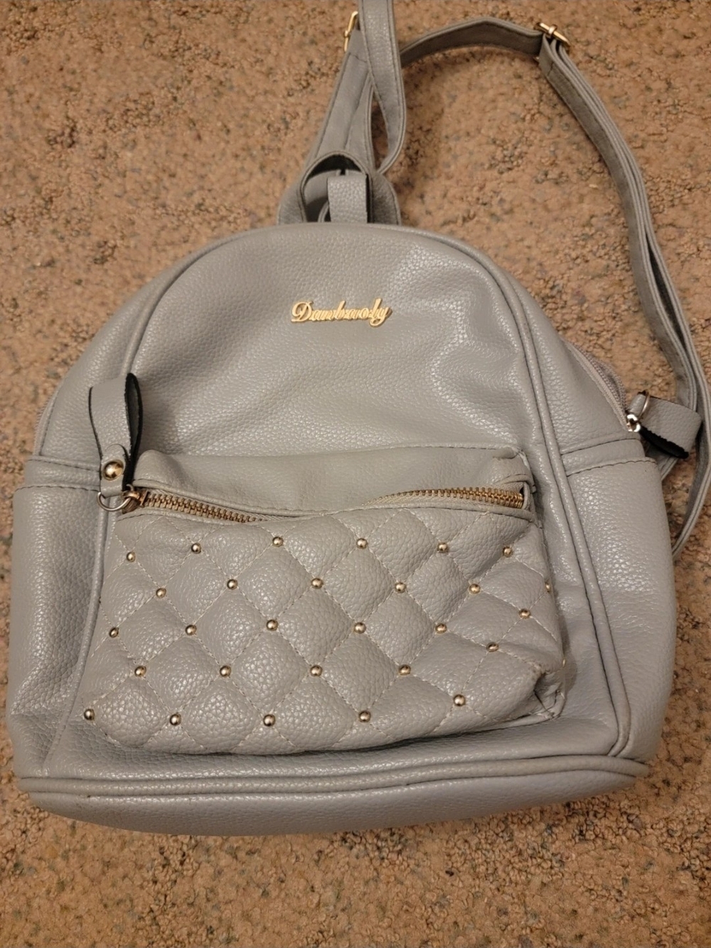 Quilted Gray Faux Leather Mini Backpack with Gold Accents